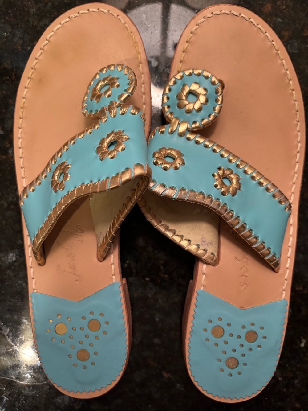 Jack Rogers Turquoise Leather Sandals with Gold Trim
